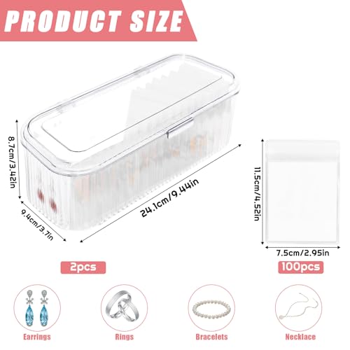 2 Packs Acrylic Jewelry Box with 100pcs PVC Portable Anti Oxidizing Zipper Bags Flip Lid Jewelry Organizer for Earrings Rings Necklaces Travel Jewelry Case