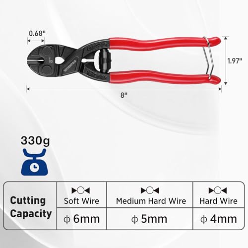 WORKPRO 8-inch Mini Bolt Cutter with Recess and Spring, Compact Bolt Cutters with Comfortable Soft Grip, Security Lock,CR-V Steel Blade for Wire, Cables, Chains, Small Screws