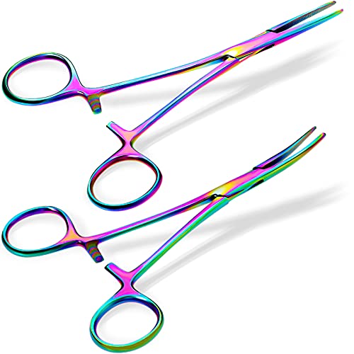 BBTO Hemostat Curved and Straight Hemostat Forceps Piercing Pliers Forceps, Stainless Steel Straight and Curved Pliers, Fishing Tweezer(Colorful,2 Pcs) - color: Colorful