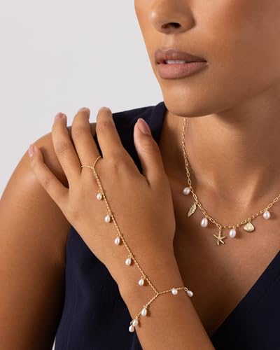 PAVOI 14K Gold Plated Hand Chains for Women - Adjustable Hand Chain Bracelet and Ring - Trendy Gold Handchain Bracelet Stack Summer Jewelry - Beads, Pearl, and Cubic Zirconia Body Jewelry - style: Pearl Station