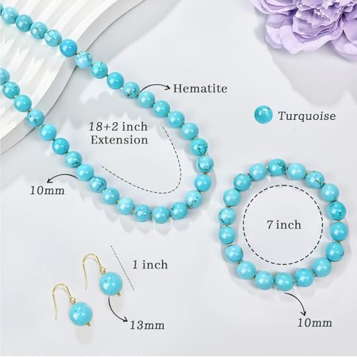 Gemstone Beaded Necklace for Women, Trendy 18K Gold Plated Hematite Natural Stone Bead Choker, Boho Handmade Summer Beach Necklaces for Women Everyday Western Jewelry Gifts - color: 03-Turquoise