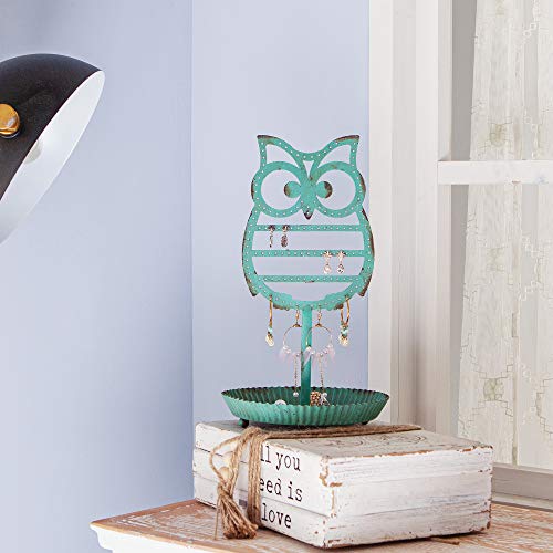 NIKKY HOME Earring Holder Stand Hanging Organizer Metal Jewelry Tree Cute Owl Ear Stud Holder Table Top Tower Rack with Ring Tray for Women Girls (134 Holes), Teal - color: Teal