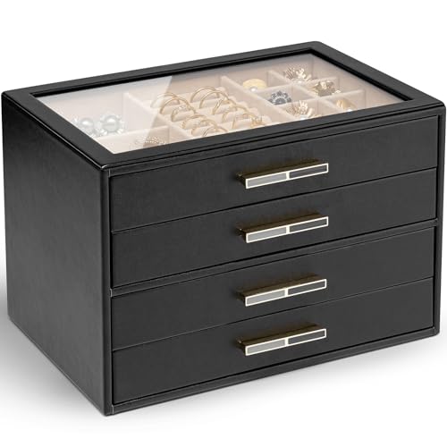 VLANDO 4 Layer Jewelry Box for Women, Glass Lid Jewelry Organizer with 4 Drawers for Necklaces Rings Earrings Bracelets - Black - color: D. Black, size: 4-Layer