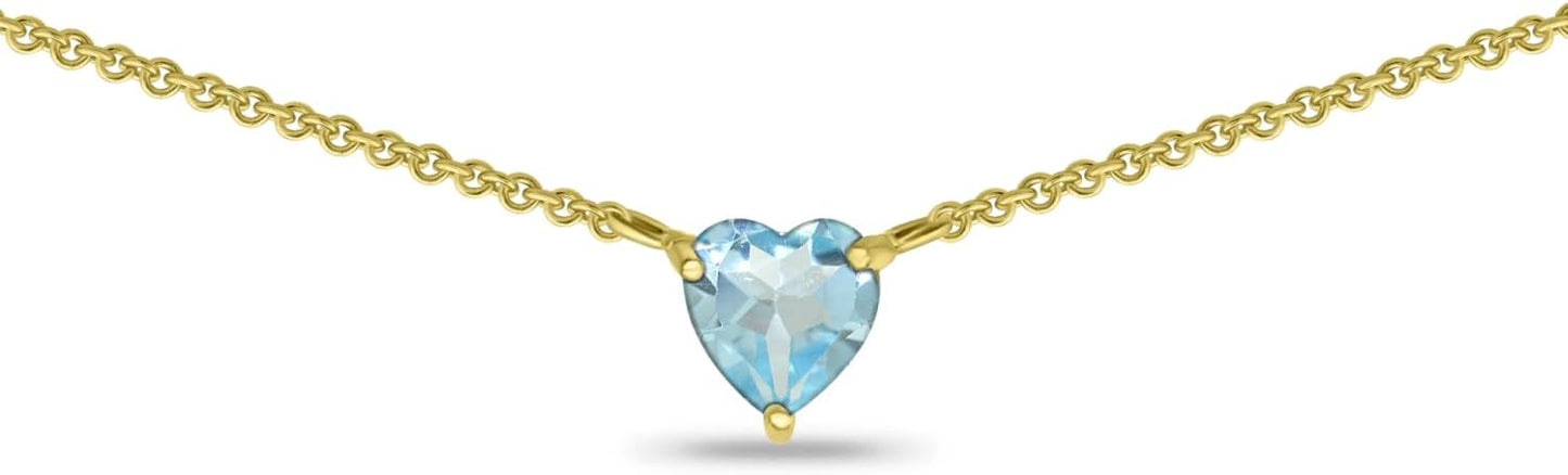 Birthstone Necklace for Women - Genuine or Synthetic Gemstone, 7mm Heart Solitaire, Short Dainty Layered Choker, Silver