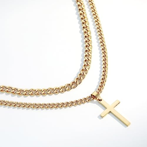 SENRAN Layered Cross Necklace for Men Boys Stainless Steel Layered Cuban Link Chain 16-24 inch Christian Cross Pendant Religious Jewelry Gifts - color: Gold, style: 18inch/20inch