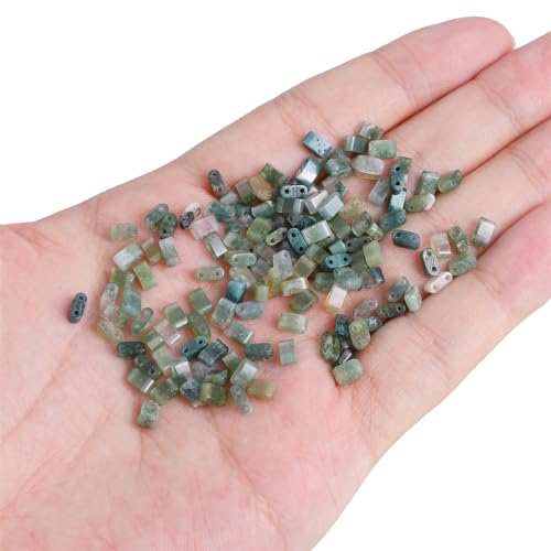 Beadia Natural Moss Agate Stone Tila Beads 5x2mm Rectangle 2-Hole Spacer Beads for DIY Bracelet Earring Making 15"/Strand - color: Moss Agate, size: 5x2mm
