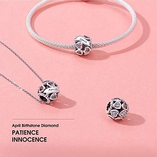 NINGAN Birthstone Charms 925 Sterling Silver Love Heart Openwork Bead for Charm Bracelets and Necklaces with 5A Cubic Zirconia, Birthday Mothers Day Jewelry Gifts Women