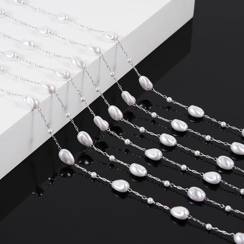 KYUNHOO 5 Meters Silver Stainless Steel Jewelry Chain Roll Faux Pearl Bead Chains with Lobster Clasps Jump Rings for Women Making Jewelry Crafts Finding Supplies - color: Irregular Bead Silver