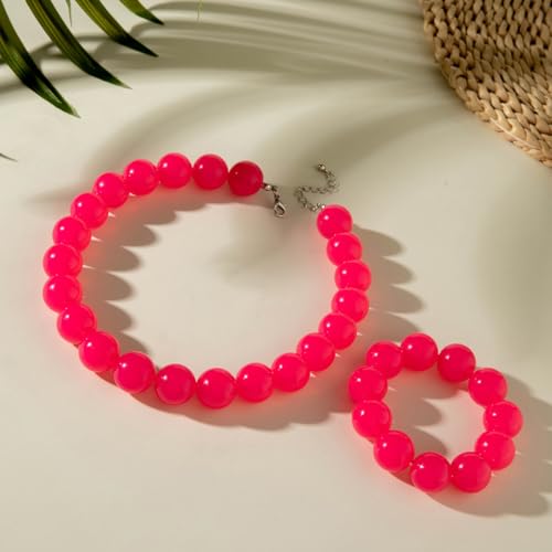 Colorful Chunky Beaded Necklace for Women Acrylic Bead Choker Necklaces Fashion Large Round Beads Necklaces for Women Handmade Summer Jewelry - color: Red bracelet + necklace