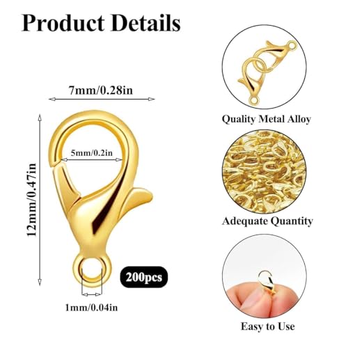 200 PCS Gold Lobster Claw Clasps,Small Alloy Lobster Clasps with Metal Storage Box Lobster Clips for DIY Keychains Bracelets Necklaces Crafts Jewelry Making(12×7mm,Gold) - color: gold