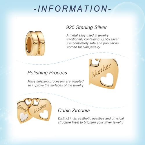 925 Sterling Silver Charms for Bracelets Gold Love and Heart Charms Cherry Blossom Dangle Beads Jewelry for Women - color: Gold Mom and Daughter Heart