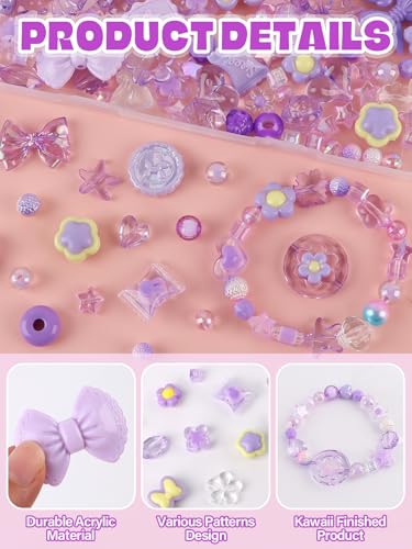 150PCS Acrylic Pastel Beads for Jewelry Making, Kalolary Colorful Bow Butterfly Flower Kawaii Plastic Candy Heart Cute Macaroon Aesthetic Beads for Bracelet Necklace DIY Supplies (Purple) - color: Purple
