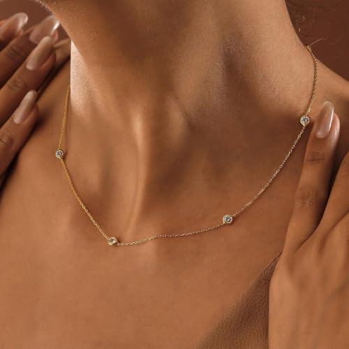Mothers Day Gifts - Dainty Silver Gold Necklaces for Women Cute Station Choker Simulated Diamond Necklace Simple Layering CZ Necklace Trendy Jewelry Gifts - color: Gold, style: 5pcs Round CZ-Cable Chain