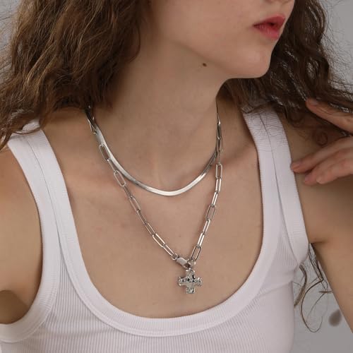 Bheop Chunky Cross Necklace for Women Trendy 14K Gold Silver Layered Statement Cross Pendant Charm Necklace Waterproof Paperclip Herringbone Snake Choker Chain Christian Jewelry Set Gift Non Tarnish - style: SL-2PCS/0.8 inch Cross+Herringbone Necklace