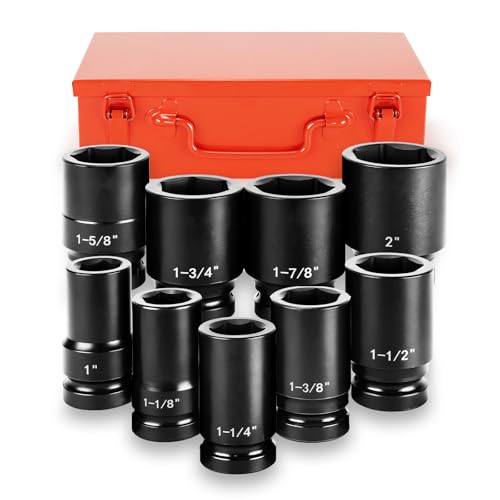 1" Drive Jumbo Impact Socket Set,9 PCS SAE (1",1-1/8",1-1/4",1-3/8",1-1/2",1-5/8",1-3/4",1-7/8",2") Universal Hex Deep Socket Combination,CR-MO Alloy Steel,Heavy Duty Storage Case - size: 1 Inch 9-Piece