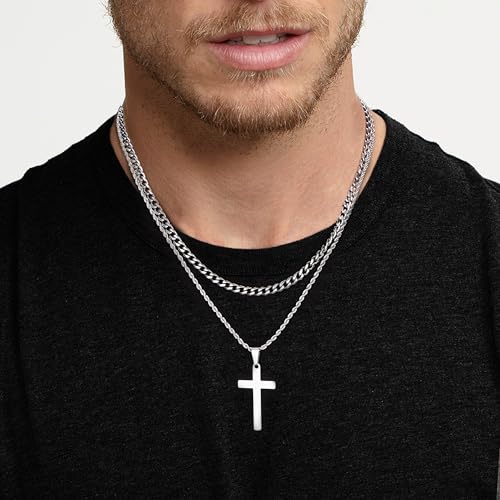 LOYALLOOK 6PCS Silver Chain for Men Women Stainless Steel Cross Chain Layered Cuban Link Figaro Snake Box Chain Cross Pendant Necklace 18-20IN/20-22IN - size: 18inch/20inch