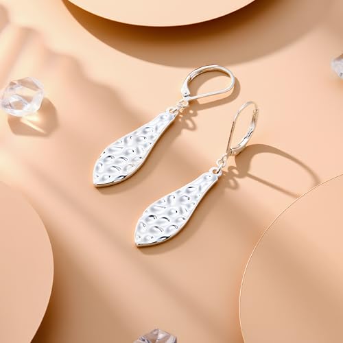 ALEXCRAFT 925 Sterling Silver Dangle Earrings for Women, 14K Gold Plated French Leverback Earrings, Hypoallergenic Lightweight Statement Hammer Square Bar Long Drop Earing for Women Trendy Jewelry - color: SilverB