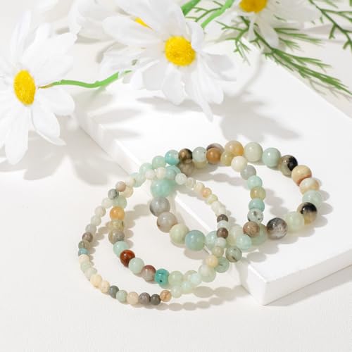 3Pcs Natural Healing Crystal Bracelets for Women Men, 4mm 6mm 8mm Beaded Stretch Bracelet Set, Black Tourmaline Natural Stone Gemstone Jewelry Gifts for Meditation, Reiki & Yoga - color: Amazonite