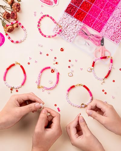 Goldwise Valentine's Day Friendship Bracelet Kit, Pink Beads, Jewelry Making Kit with Pink Clay Beads, Letter Beads and Charms, GIFS for Fans, Couples and Best Friends - size: Valentine's Day