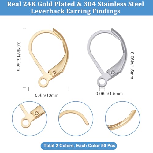 Beebeecraft 1 Box 100Pcs Leverback Earring Findings 24K Gold Plated Brass and Stainless Steel Clasp Earring Hooks 2 Colors Lever Earring Hooks with 1.5mm Horizontal Loops for DIY Jewelry Making - color: 100Pcs 24K Gold Plated 304 Stainless Steel #3