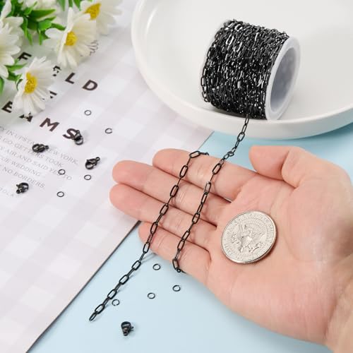 Kyutong 5 Meters Stainless Steel Necklace Chains Bulk on Roll Small Paper Clip Links with Jewelry Connectors Black Paperclip Craft Chain for Men Women DIY Handcrafts - color: black paperclip