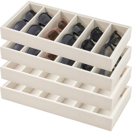 Juexica 4 Pcs Velvet Sunglasses Organizer Tray 6 Grid Sunglass Organizer Velvet Tray Stackable Glasses Display Case for Women Glasses Jewelry Display Watch (Beige) - color: Beige