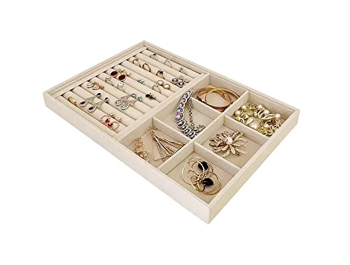 Large Beige Premium Quality Velvet Jewelry Display Box Tray Stackable Practical Trade Show Home Store 6 Grid and Ring - color: 6 Grid Rings