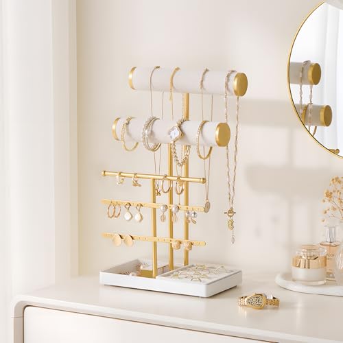 Lolalet Bracelet Display Stand Necklaces Holder, 5 Tiers Jewelry Organizer and Storage Rack with Velvet Slot and Metal Base, for Women Bangles Watches Ring Earrings -White - color: White