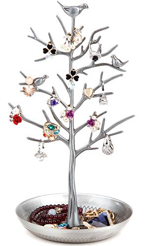Jewelry Tree Necklace Earring Holder Modern Cute Bird Jewelry Stand for Women Girls Teen Silver - color: Silver