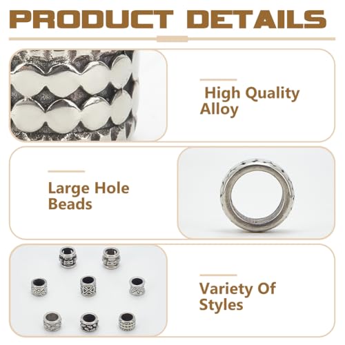 PH PandaHall 8 Styles 8mm Hole Column Beads, 304 Stainless Steel Spacer Beads Large Hole Beads Tube Lanyard Beads Tube Bead for DIY Bracelets Necklaces Jewelry Leather Craft Making, Antique Silver