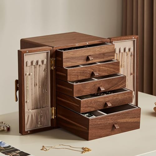 CHOSIN Black Walnut Wooden Jewelry Box 5 Layer Large Wood Jewelry Organizer Brass Handle for Necklaces Rings Earrings Watches Storage Monther Mothers Day Gifts for Mom (7.9x8.7x10.0inches) - style: Ginkgo Leaf - Shaped Handle