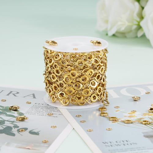 KYUNHOO 13FT/4M Hollow Circle Chains for Jewelry Making Gold Plated Stainless Steel Jewelry Chain Roll with Clasps for Bracelet Necklace DIY - color: Circle Gold