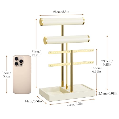 bussdis 3 Tier Bracelet Holder Display - Beige Leather Bracelet Holder, Detachable T Bar Jewelry Holder Organizer for Bracelet, Necklace, Earrings, Rings, Watches, Bangle - color: Beige