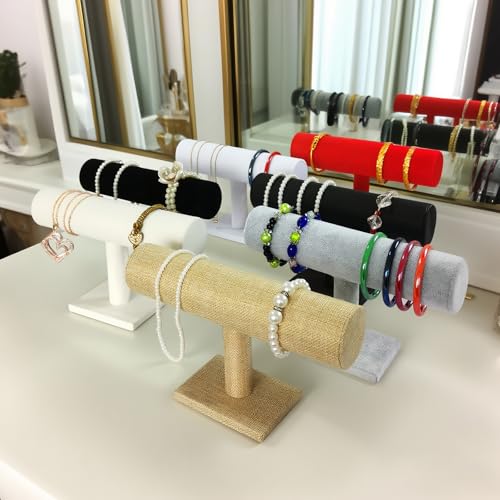 Jewelry Organizer Stand for Women - T-Bar Bracelet, Watch & Hair Tie Storage Display Rack with Travel-Friendly Design (Yellow Linen) - color: Yellow Linen