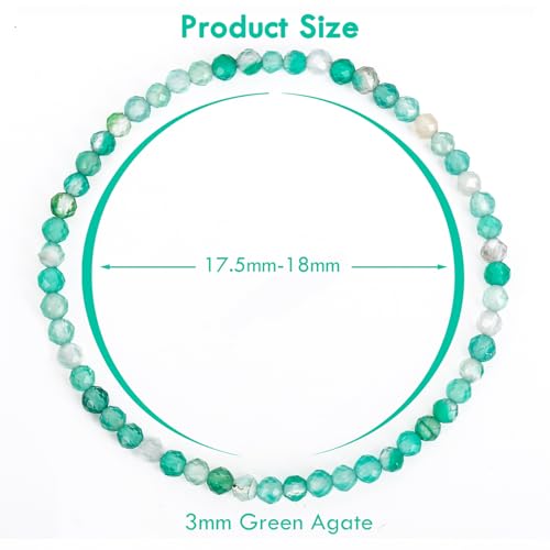 BONNY BOXX Natural Genuine Gemstone Faceted Round Beads Bracelets, 3mm Adjustable Stretchy Tiny Faceted Black Tourmaline Bracelet, Healing Crystal Reiki Chakra Dainty Jewelry Fashion Gifts - color: Green Agate