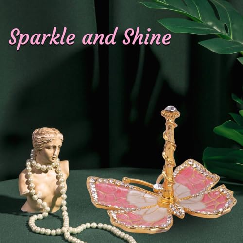 Matashi Butterfly Jewelry Holder for Women, Enamel - Gold Plated Jewelry Stand Organizer Ring Holder w/Crystals, Gift for Mom on Christmas, Mother’s Day, Birthday, Anniversary, Valentine’s Day, Pink - color: Pink