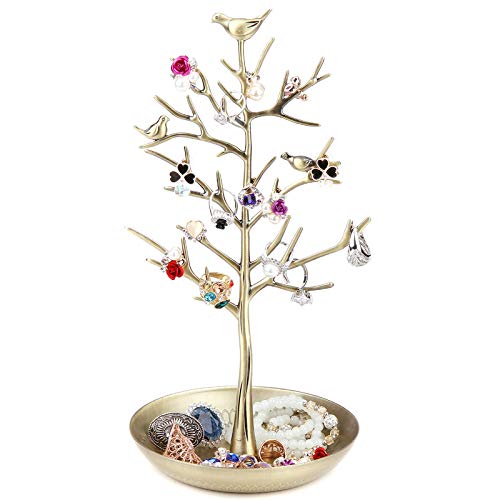 Jewelry Tree Necklace Earring Holder Modern Cute Bird Jewelry Stand for Women Girls Teen Gold - color: Gold