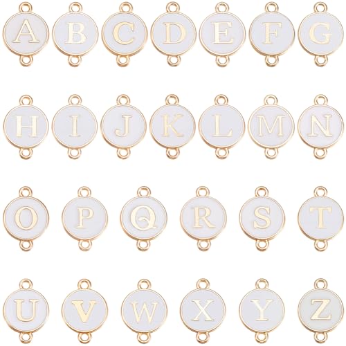 SUNNYCLUE 52Pcs 26 Styles Alphabet Connector Charms Double Link Charm Enamel White Flat Round A to Z Letter Gold Alloy Double Loops Pendants Findings for Jewelry Making Necklaces Bracelets DIY Crafts