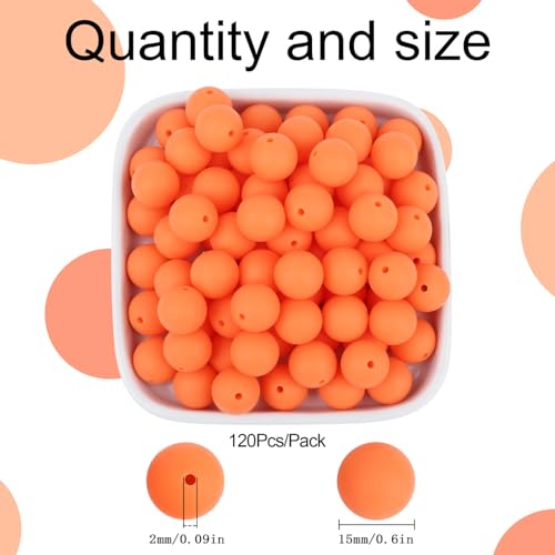 MAIBAOTA 120 Pcs Orange Silicone Beads 15 mm for Keychain/Pens/Bracelet/Necklace Making - Focal Loose Rubber Round Bulk Craft Supplies (With Boxed Kits) - color: Orange
