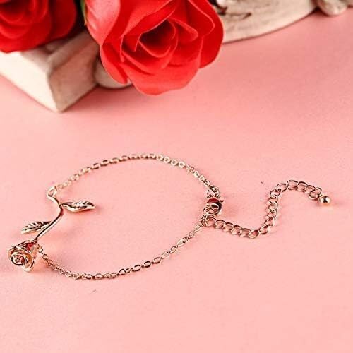 Rose Gold Flower Bracelet with Leaves, Adjustable Chain, Lobster Claw Clasp, 7 Inches