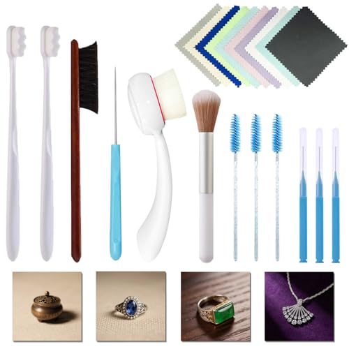 Jewelry Cleaning Kit, Jewelry Cleaner Brush, Horse Hair Brushes, Big&Small Crevice Brush, Cleaning Polishing Cloth（22 Pcs）
