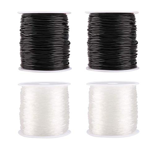4 Rolls Clear Elastic Bracelet String, 0.8mm & 1mm, TuNan Crystal Stretchy Bead String Stretch Cord for Bracelets Beading Jewelry Making - Clear and Black (50/50/55/55 Yards)