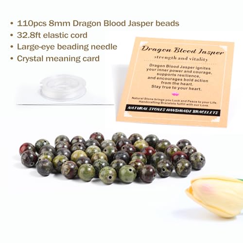 AD Beads 8mm Natural Round Loose Beads 110 Pieces, for Making 108 Mala Prayer Beads Necklace, Bracelet & Yoga Meditation, Jewelry Design (Bloodstone) - color: Bloodstone, size: 8mm-110pcs