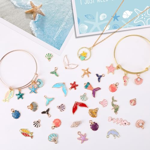 MARFOREVER 120 Pcs Ocean Themed Sea Charms for Jewelry Making, Assorted Gold Enamel Starfish Seashell Marine Pendants for Necklace Earring Bracelet Crafting Holiday Gifts for Women Mom Girls - style: Ocean