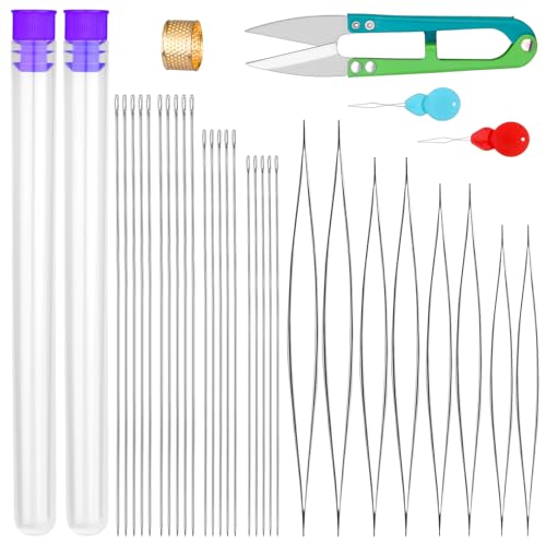 UOOU 28 Pcs Beading Needles Set, Beading Needles for Seed Beads Include 20 Pcs Long Straight Beading Thread Needles & 8 Pcs Big Eye Bead Needles for Jewelry Making - color: White-28 Pcs