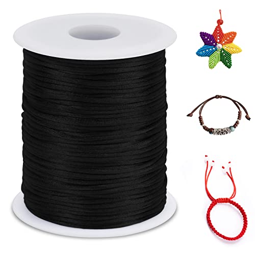 1.5mm Nylon Cord 328 Feet Satin Rattail Cord Nylon String for Bracelets Making, Jewelry String Macrame Cord Bracelet Thread for Necklace Chinese Knotting Beading Jewelry (Black) - color: Black, size: 1.5mm