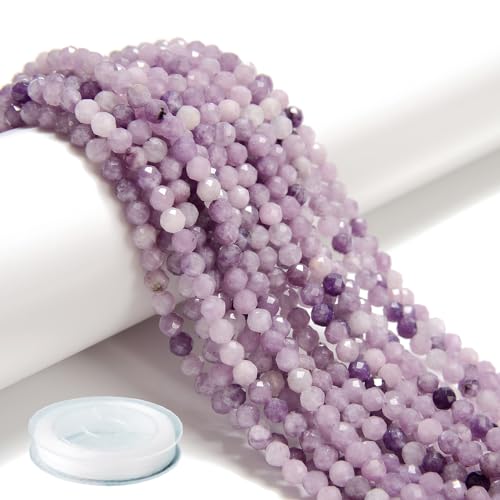 AD Beads Natural Gemstone Diamond-Cut Micro-Faceted Round Tiny 4mm Small Round for DIY Necklace Jewelry Making Beads (Lilac lepidolite) - color: Lilac lepidolite