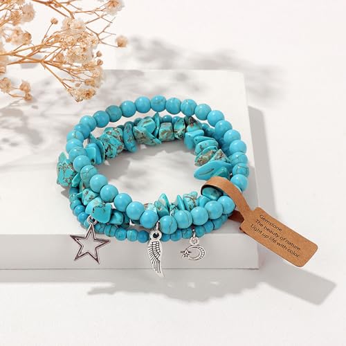 3Pcs Crystal Bracelet for Women Handmade Crystals and Healing Stones Bracelets Natural Stone Beaded Bracelets Set Star Moon Feather Boho Bracelets Birthday Gifts for Women Girls