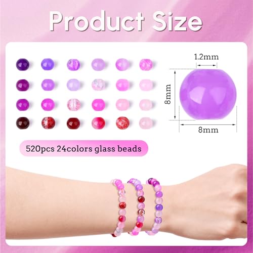 DUQGUHO 8mm Pink Purple and Red Beads for Bracelets Glass Beads for Jewelry Making 24 Colors Round Beads Bulk 520PCS - color: 13-Pink Purple Red
