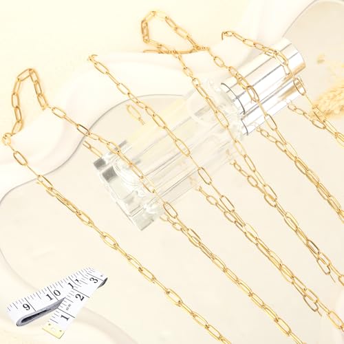 16 Ft Stainless Steel Paperclip Chain for Jewelry Making, 4.5mm Width Gold Plated Paper Clip Link Chains Roll for DIY Necklace Bracelet Jewelry Making Supplies with Lobster Clasps Soft Tape Measure - color: Paperclip 4.5mm Gold